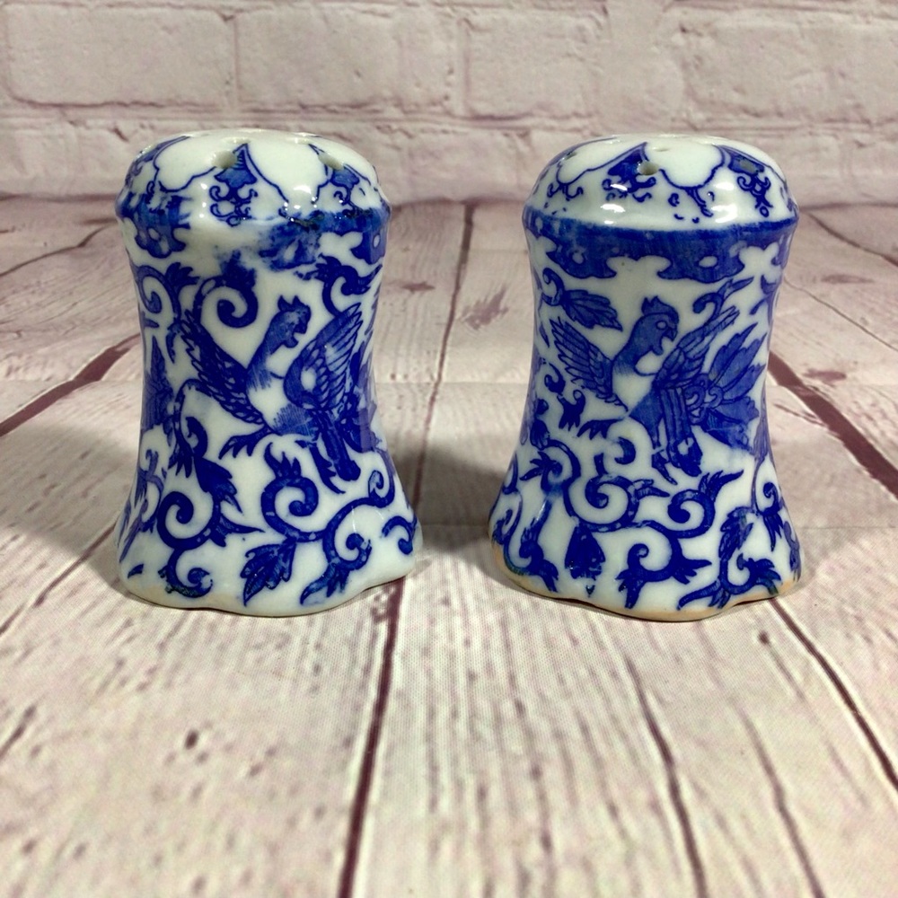 Vintage Blue and White Phoenix Porcelain Salt and Pepper Shaker Pair - Japan